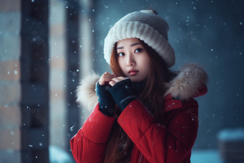 寒冷冬天带着帽子的红衣美女,高清,摄影图,摄影图片,图片大全,摄影图免费下载